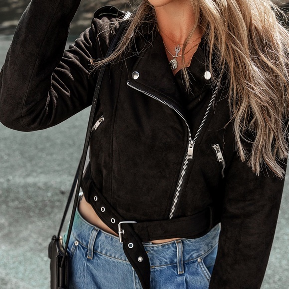 B107 Black Asymmetric Zipper Belted Hem Jacket - Picture 1 of 4